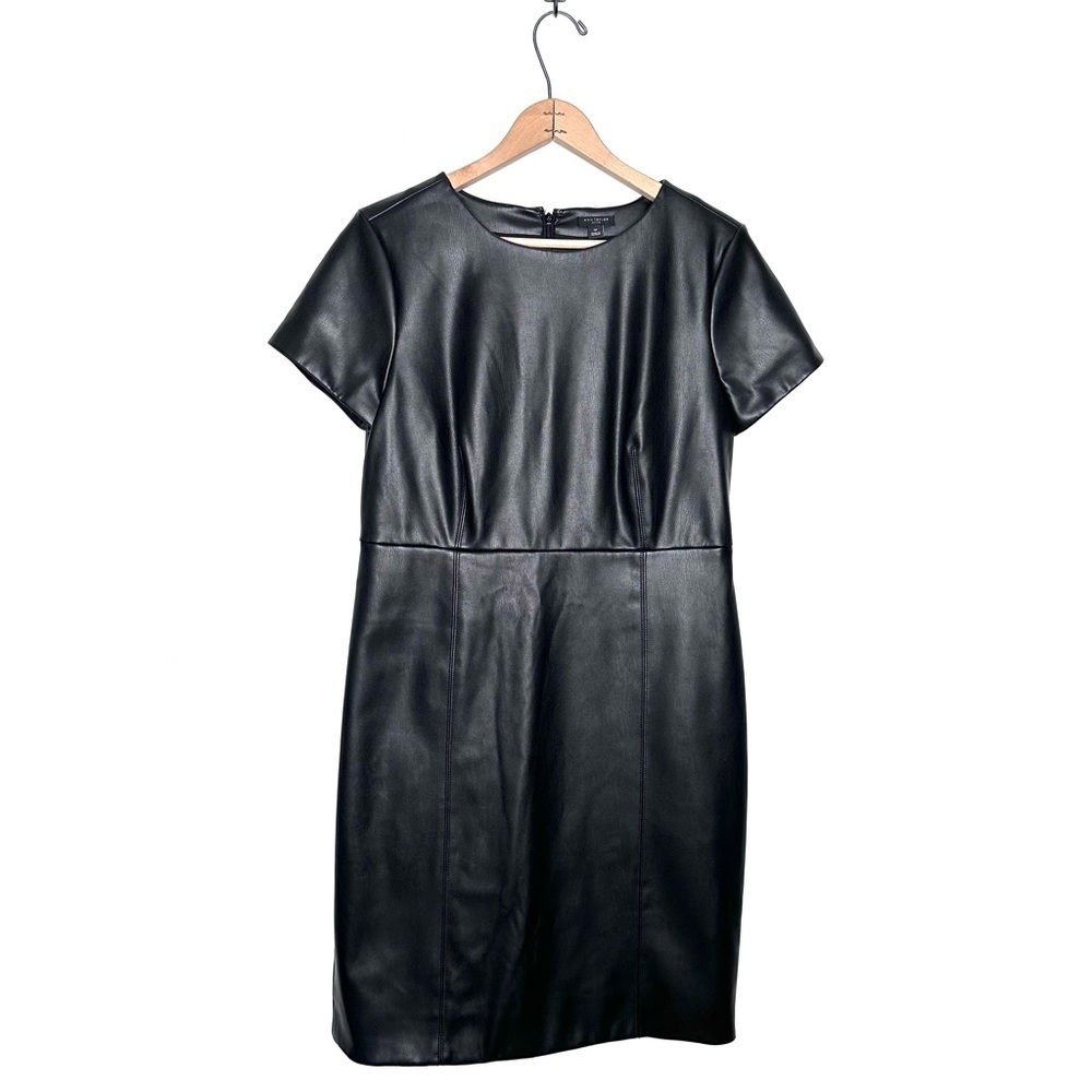 Ann Taylor | Black Short Sleeve Faux Leather Sheath Dress Size 12 Petite